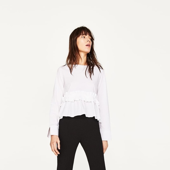 Zara Tops Nwt Zara White Contrasting Frilled Long Sleeve Tee Poshmark
